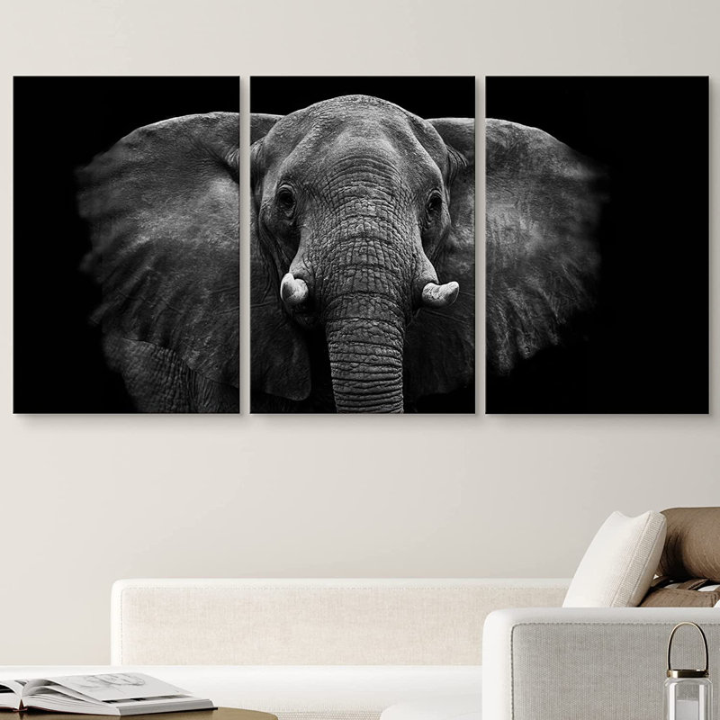 Animaux, un éléphant sur fond noir - reproduction de photo sur toile tendue, H 36 po x l 72 po x P 1,5 po