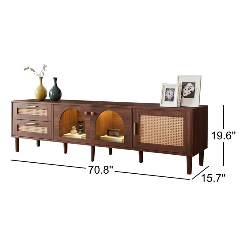 Meuble télé en rotin avec 3 armoires et 2 tiroirs, centre de divertissement à DEL pour téléviseur de 80 po ou moins, console multimédia moderne et durable