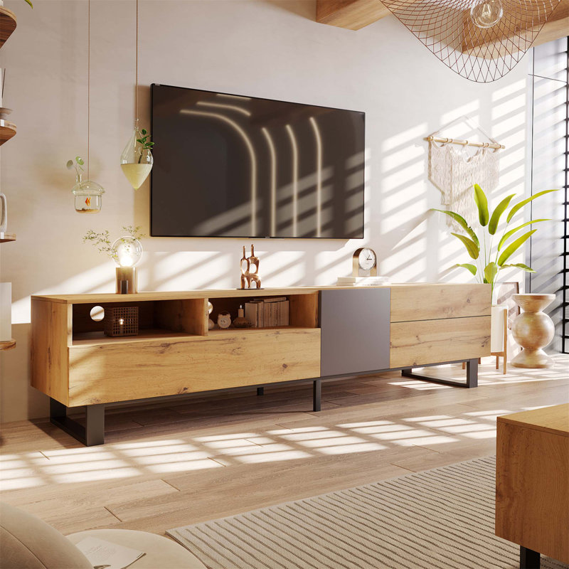 Modern TV Stand For 80'' TV With Double Storage Space, Media Console Table, Entertainment Center With Drop-Down Door, Wood