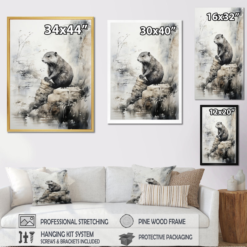 «Asian Art Beaver Sumi V», reproduction d'art, Cadre d'angle fermé noir, H 32 po x l 16 po x P 1 po