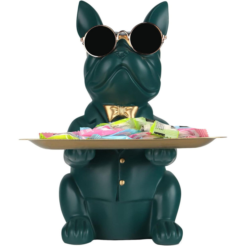 Modern Decor Resin Bulldog Tray Statue Tray Storage Key Holder Candy Jewelry Earrings Tray Suitable For Home Decor Modern Art Dining Table Decor Office Small Object Tray (Green)