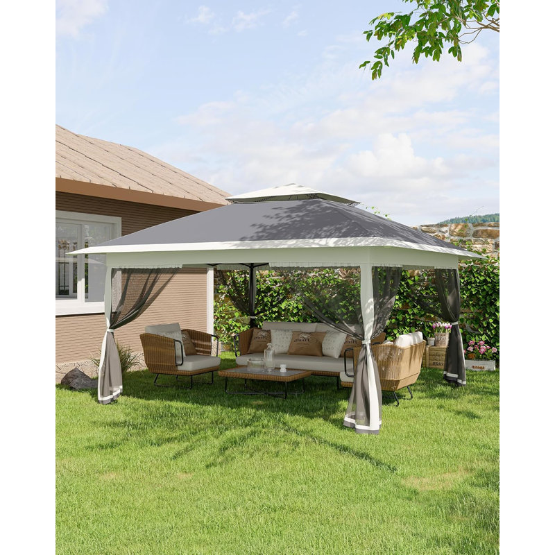 Tente à baldaquin, structure en acier avec tissu en polyester, 12 x 12 pi, pavillon de jardin escamotable avec moustiquaire et hauteur réglable, fêtes extérieures et barbecues