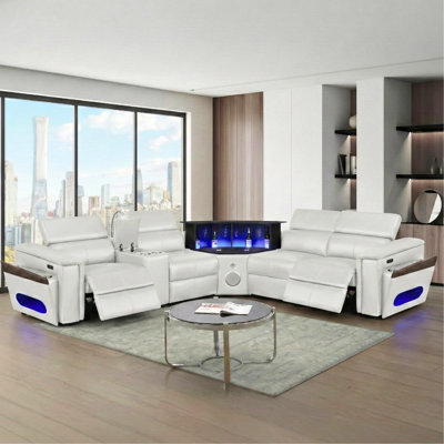 L-shaped White 4 Sectional, Faux Leather Upholstery, Wood Frame, Medium-firm Seat, 2 Power , Manually Adjustable Headrests, Wireless Charging Pad, Ports, Speaker, Led-lit Bar, Armrest Storage 4