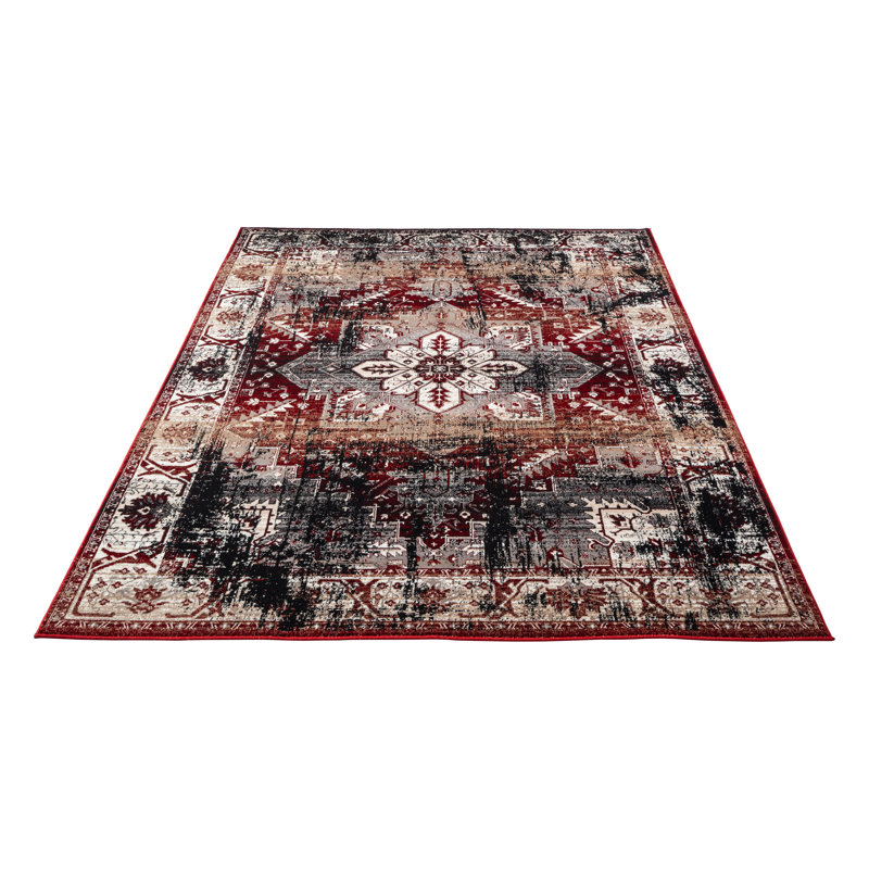 Floral Flatweave Area Rug, Black, Rectangle 60 x 110 cm