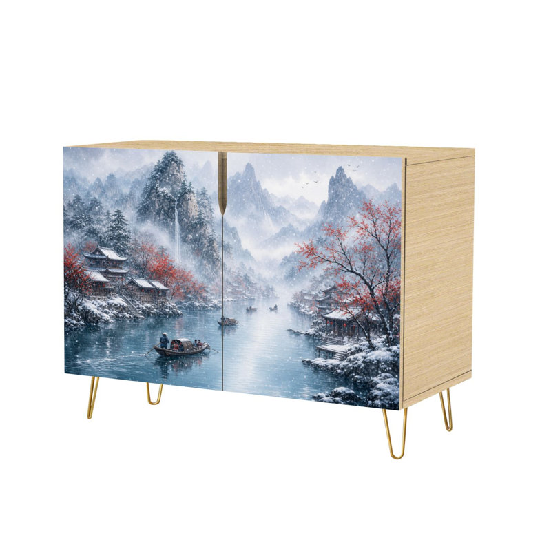 Buffet avec rangement Serene Winter Village par Mountain River Falling Snow Red Trees avec 2 portes pour le salon et la cuisine