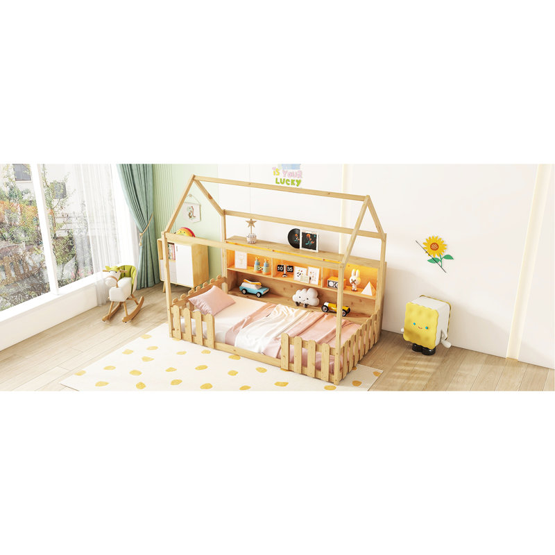 Lit simple avec bande à DEL et compartiment à vêtements - choix pratique pour garde-corps en bois naturel, Naturel