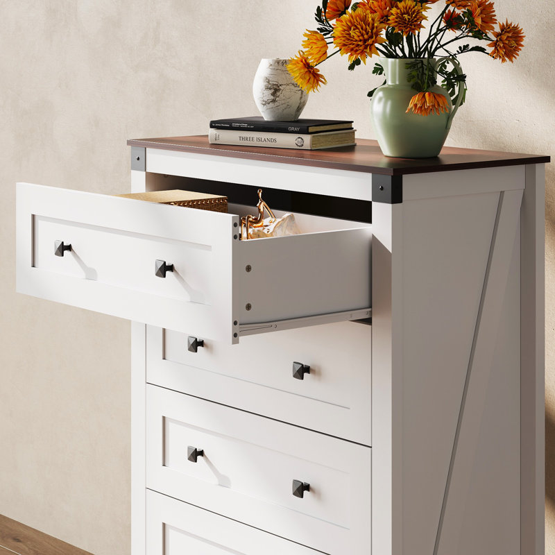 48.27'' Tall 5-Drawer Farmhouse Dresser for Bedroom with Double Rustic Handle, Large Storage Dresser, Tall Rustic Wood Dressers Chest of Drawers for Living Room, Hallway, Closet