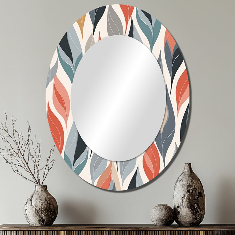 Retro Abstractáleaves I - Grand miroir mural ovale sur métal, 40 po x 30 po