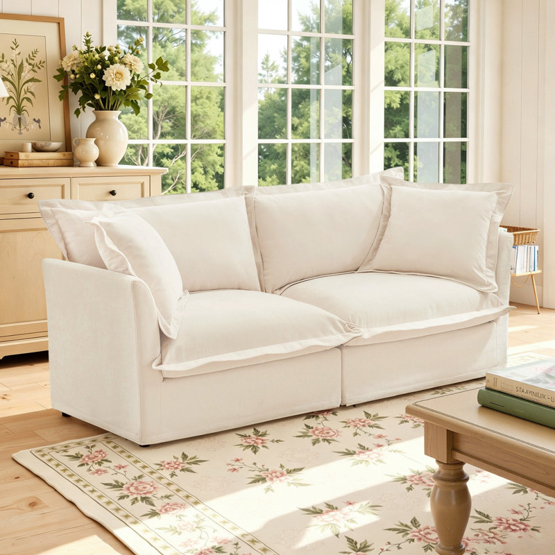 Canapé modulable moderne 2 places Cloud de 212 cm (83,4 po), en chenille résistante aux animaux, avec housses amovibles et lavables, assise profonde, structure en bois massif, beige, idéal pour un salon ou un appartement.