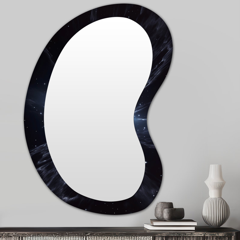 Fulwiley - Planète rose en orbite dans l'espace lointain - miroir de forme irrégulière, miroir mural décoratif asymétrique noir, impression d'art en métal