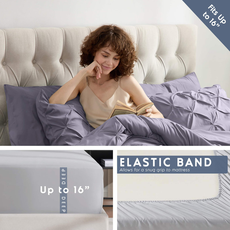 Bed-in-a-Bag Pinch Pleat Comforter Set with Bed Sheets & Memory Foam Cooling Pillows, Grayish Purple