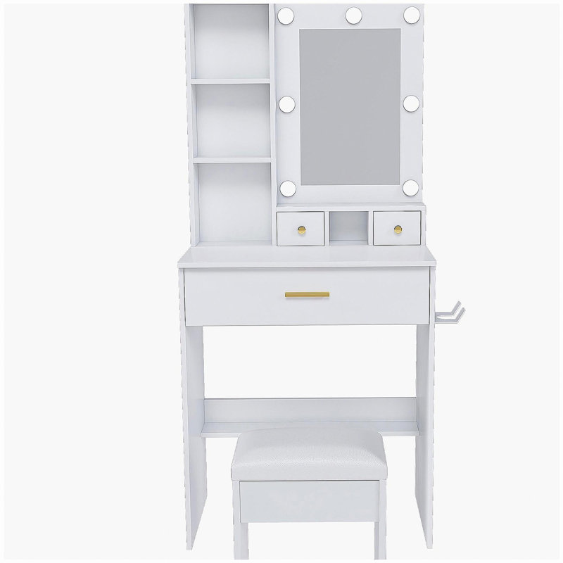 Table de coiffeuse avec miroir et lumières DEL réglables, prise de courant, support pour séchoir à cheveux et tabouret - coiffeuse compacte pour petites chambres à coucher (blanc)
