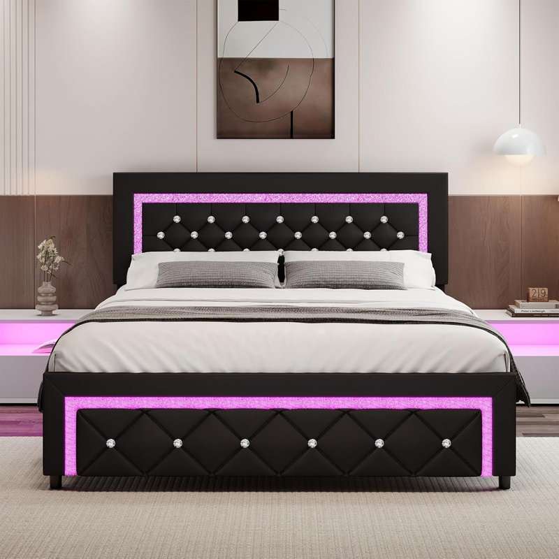 Alber Upholstered Platform Bed Frame with LED Lights,with Diamond Tufted , Full, Black