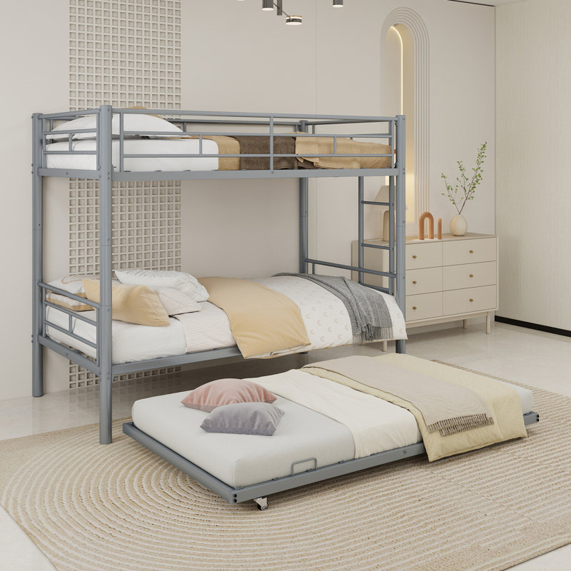 Heavy Duty Bunk Bed With Trundle,twin Over Twin Metal Bunk Bed With Safety Guardrails & Ladder,bunk Beds Frame For Kids, Teens, Adults，no Box Spring Required
