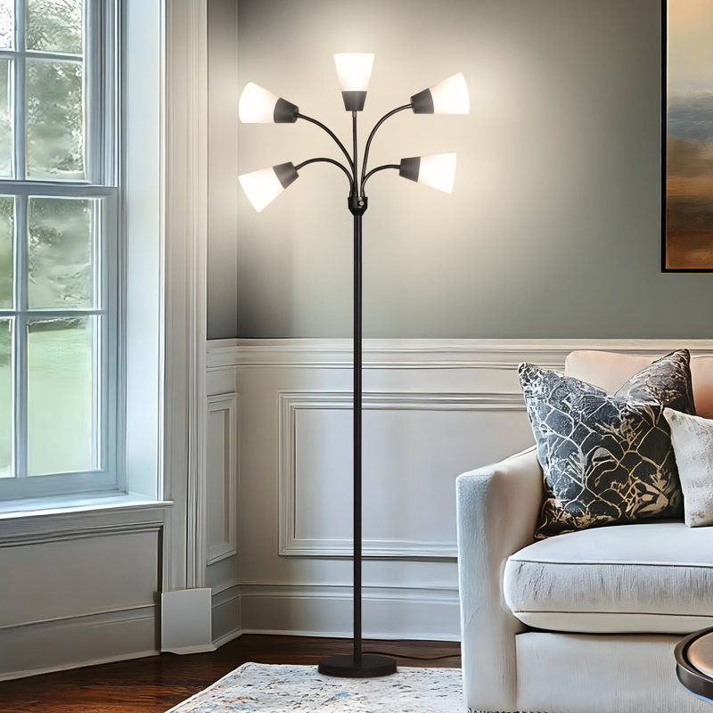 Medusa 78 in. Modern 5-Light Adjustable Gooseneck LED Floor Lamp with 5 Cone Shades, Black