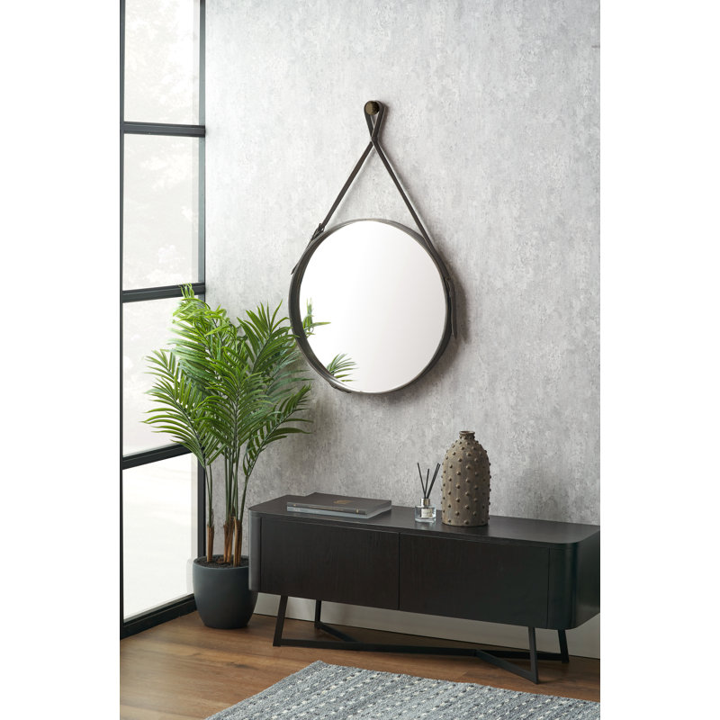 Round Leather Mirror, Brown/Green/Grey