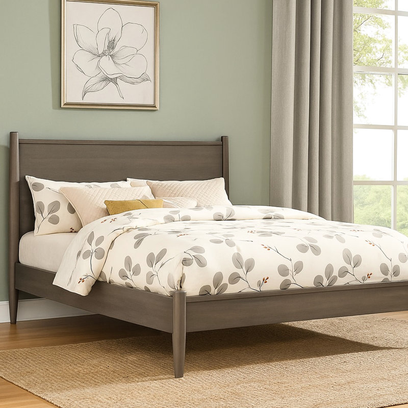 Lit plateforme très grand Mid-Century moderne en gris, pieds fuselés, structure, ensemble de lattes, sans sommier, lit en bois pour chambre à coucher, fonte grise, rond, ressort pour