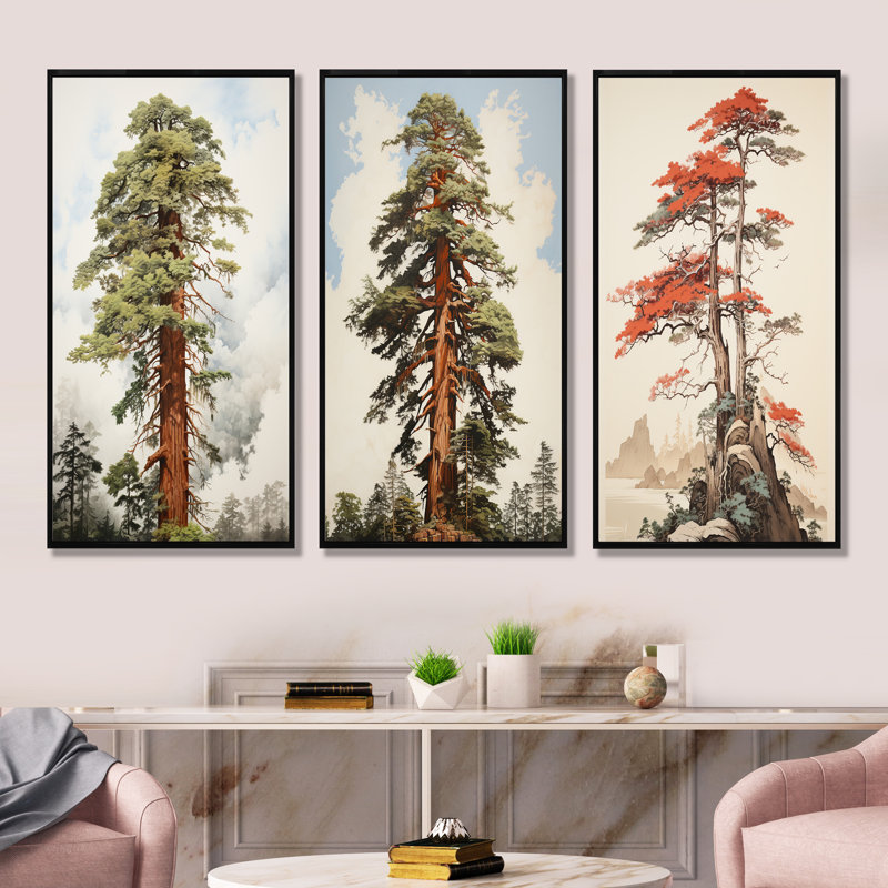 Redwoods Rise Solitude Landscape - Ensemble de 3 reproductions sur toile de séquoia, Cadre flottant noir, H 32 po x l 48 po