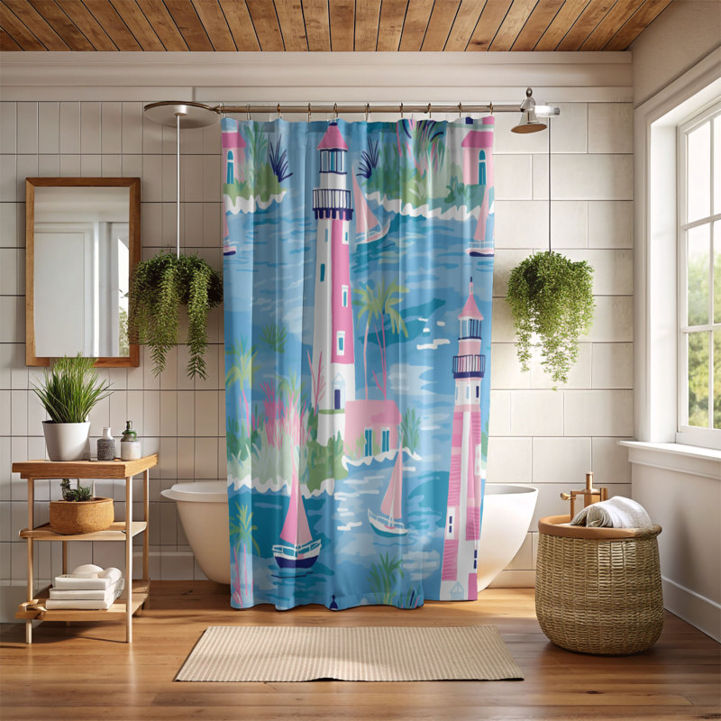 Seaside Beacon Art - 1 Piece Standard Shower Curtain, 74"H x 71"W