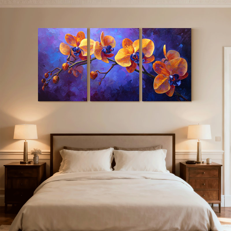 Plantes et fleurs, orchidées vibrantes sur fond mauve, ensemble de 3 impressions sur toile, H 36 po x l 72 po