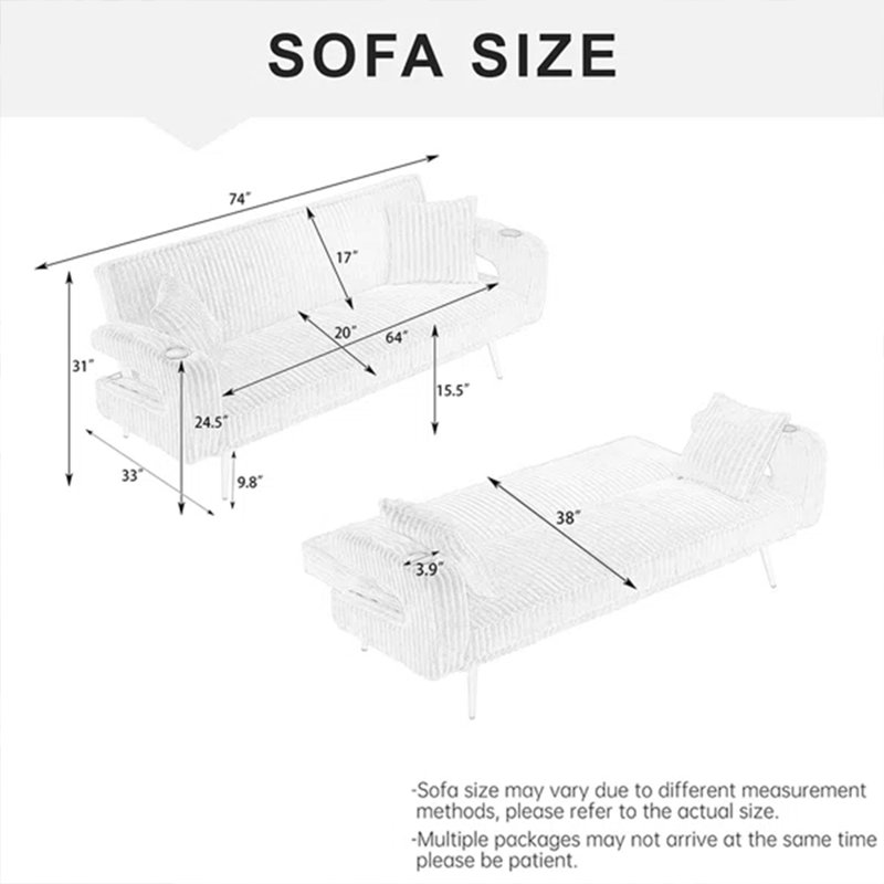 74" Mid-Century Modern Channel Tufted Sofa With Built-In Cup Holders,Black, Black