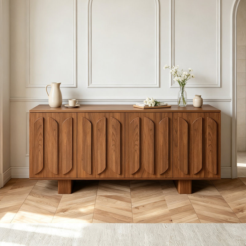 Buffet 63 po Mid-Century moderne en bois avec rangement 4 portes avec portes à panneaux sculptés