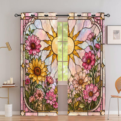 Lot de 2 rideaux occultants à œillets, motif floral vitrail, imprimé artistique de fleurs et de soleil, en polyester, isolants thermiques, protection de l'intimité, rideaux occultants artistiques pour salon, chambre et décoration intérieure.