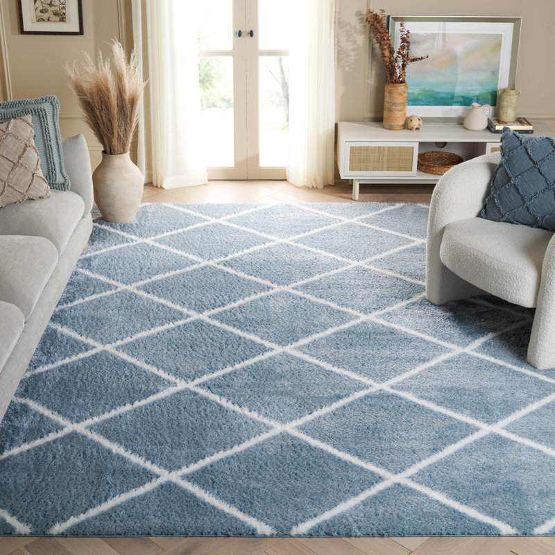 Geometric Blue/White Area Rug, Rectangle 6'7" x 8'7"