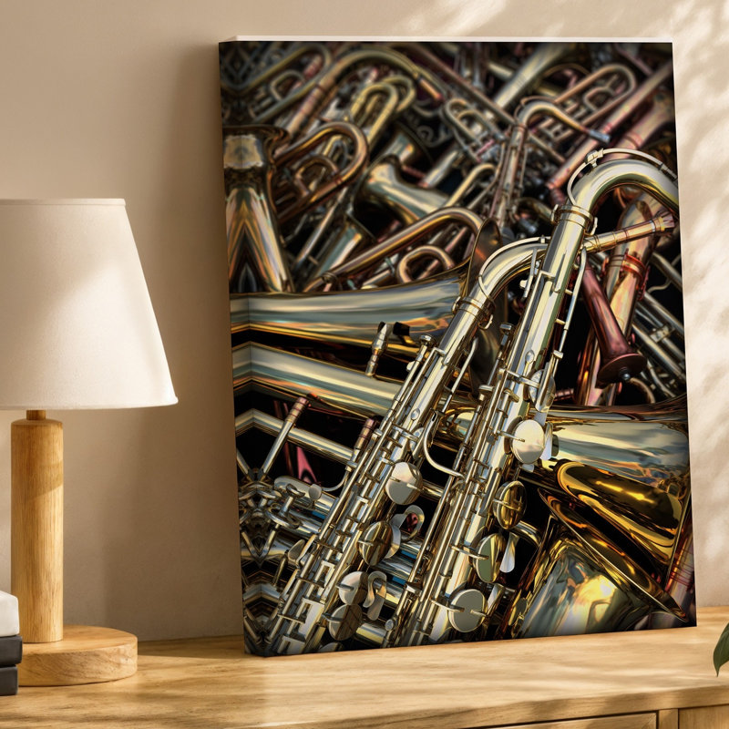 Toile, composition vibrante et dynamique mettant en vedette un ensemble d'art mural en laiton et d'instruments à vent incluant des trompettes de saxophone, art mural