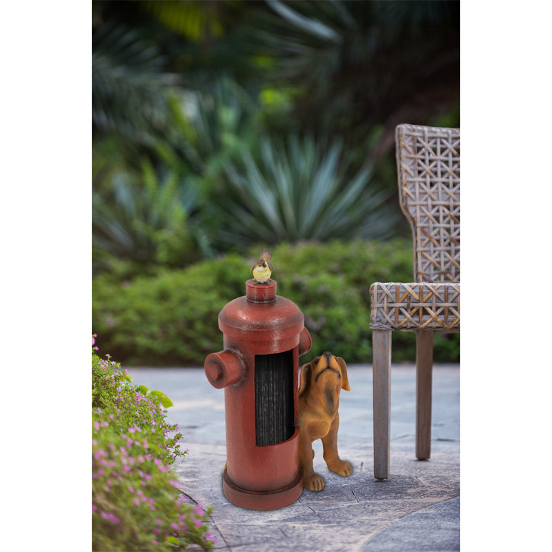 16.2X11x26.8" Red Fire Hydrant Water Fountain With Dog And Bird Accents
