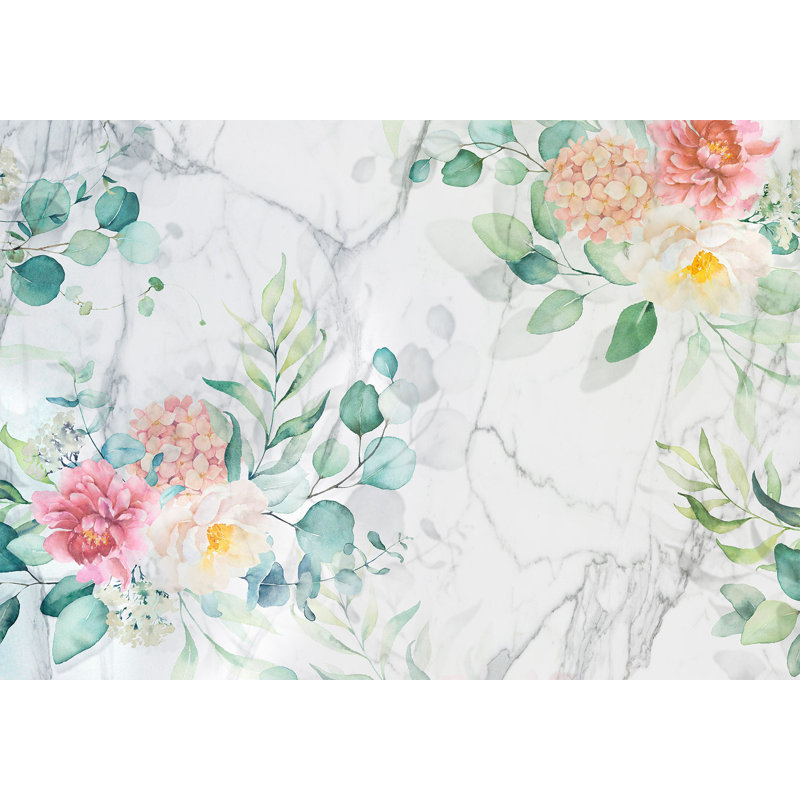 Murale florale pelez et collez - Marbre fleuri, L 41 po x l 57 po