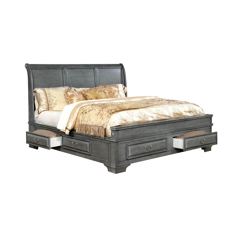 Goldene Solid Wood Sleigh Storage Bed, Queen, Gray