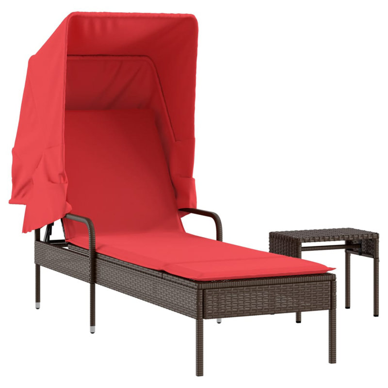 Ebern Designs Sun Lounger With Canopy And Table Brown Poly Rattan, Red/Brown
