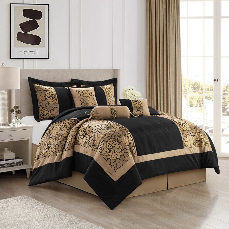 Ensemble d'édredon jacquard 7 pièces Sibyl, Édredon de très grande taille et 6 pièces suppl, Noir / or