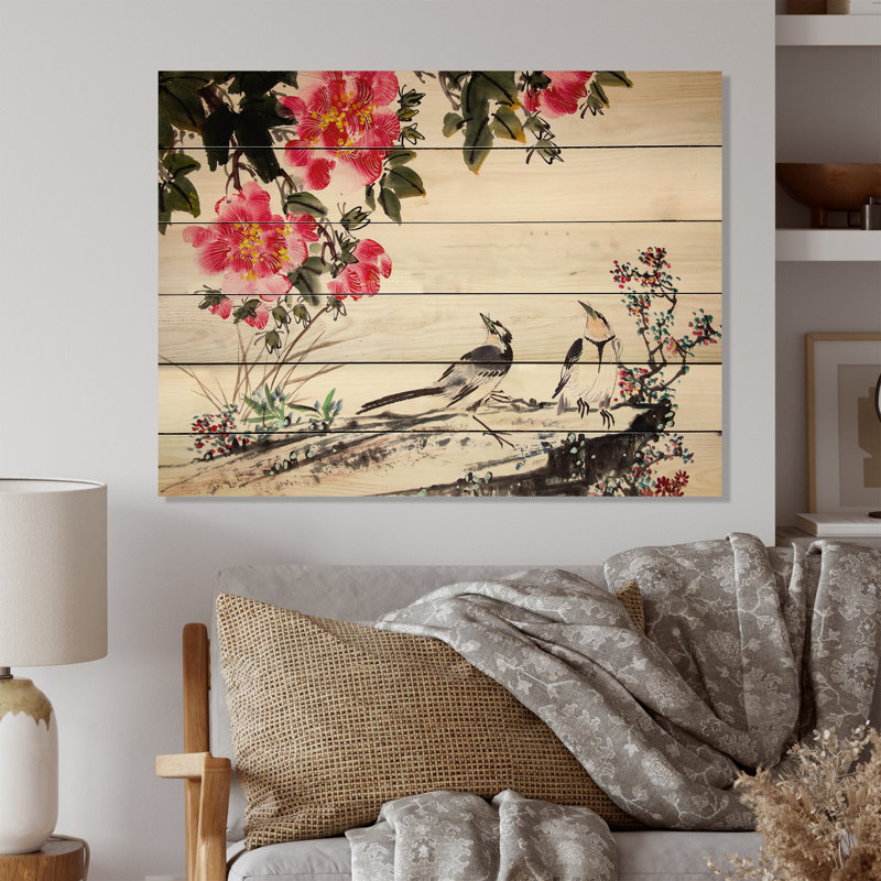 Peinture à l'encre de chine - Décoration murale traditionnelle en bois, H 16 po x l 32 po x P 1 po