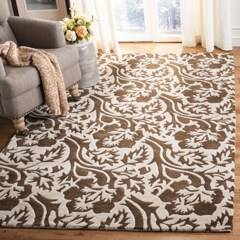 Tapis floral en laine / viscose touffeté à la main Steve en brun clair / brun, Rectangle 5 pi x 8 pi