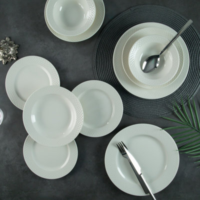 Elegant 24-Piece Dinner Set, White 100% Porcelain | Includes 6 Service Plates (9.8 x 9.8 in), 6 Cake Serving Plates (7.5 x 7.5 in), 6 Plates (7.5 x 7.5 in), 6 Bowls (5.5 x 5.5 in) | Dishwasher & Microwave Safe, Perfect for Entertaining
