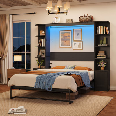 Murphy Bed With 2 Side Storage Cabinets, Open Shelves & LED Lights, Space‑Saving Fold‑Up Cabinet Bed, No Box Spring Needed For Home Office Guest Room