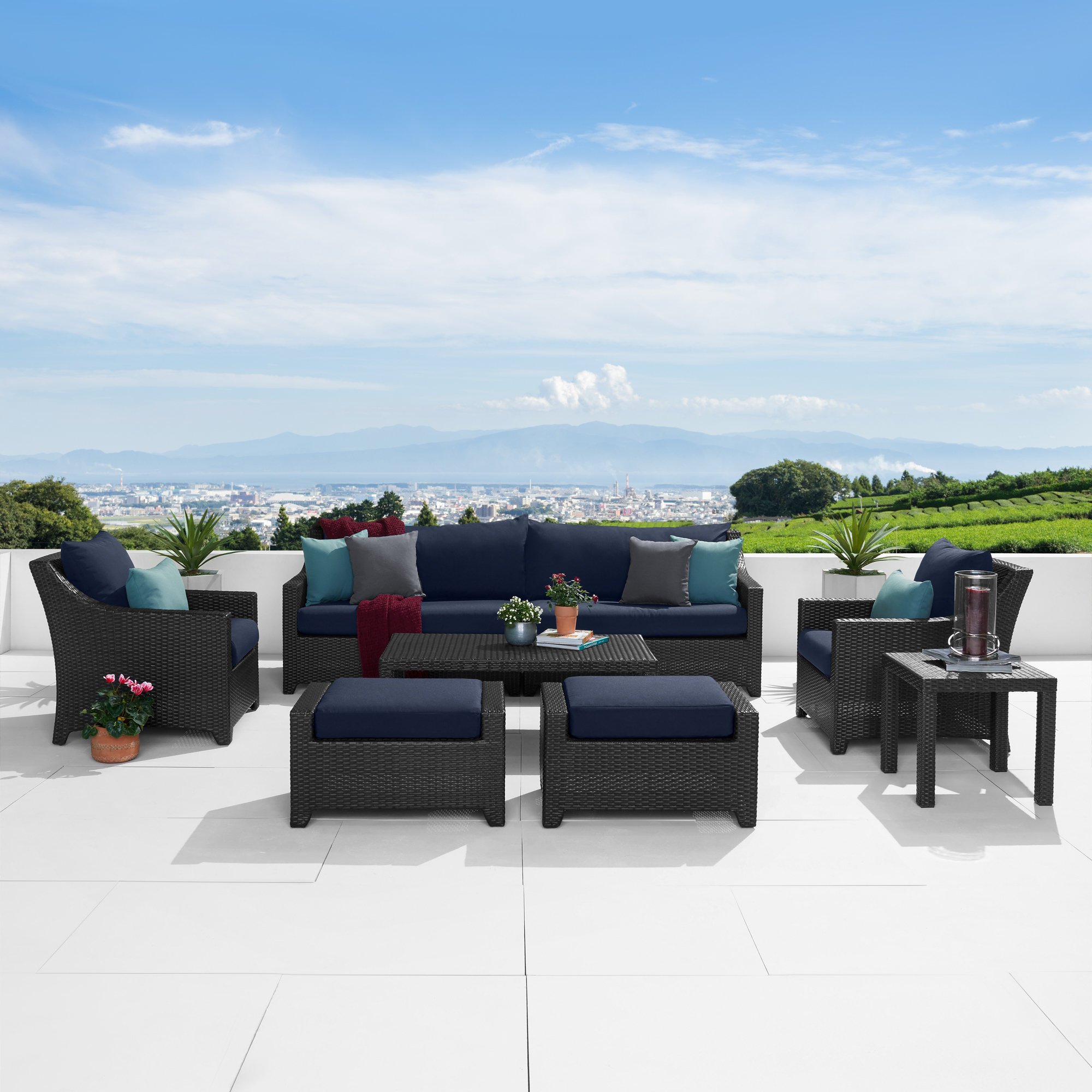 Fionnula 7 Pieces Rattan Sunbrella Sofa Seating Group with Cushions, Navy Twill