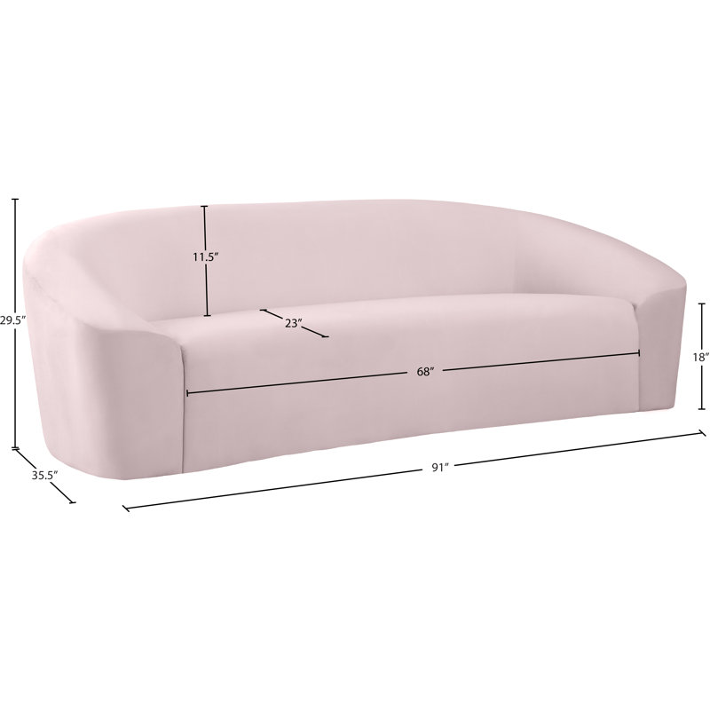Canapé courbé Alaw, Velours rose, H 29,5 po x l 71 po x P 35,5 po