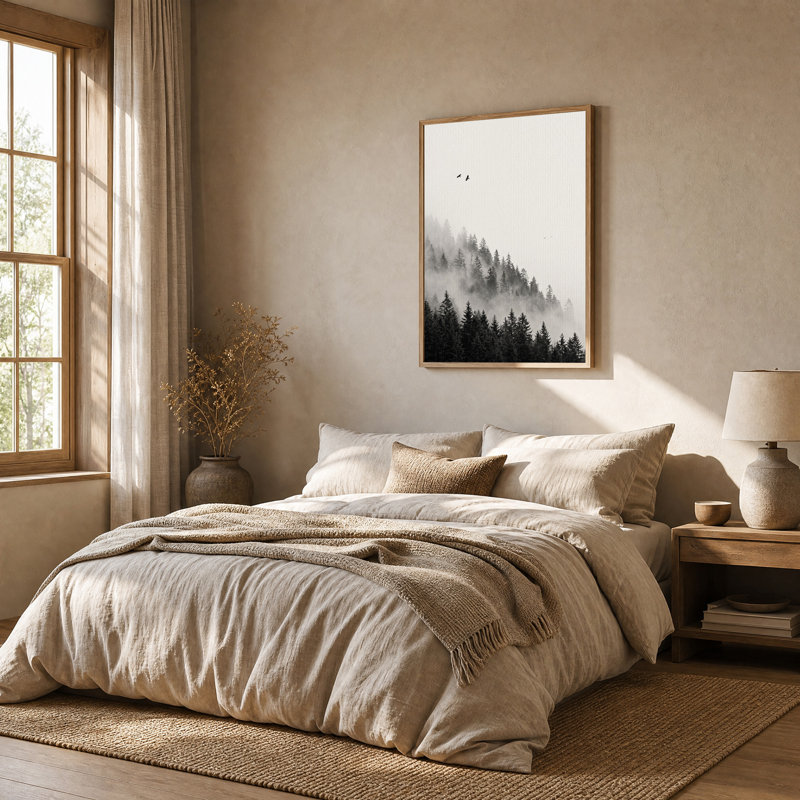 Art mural noir et blanc forêt brumeuse avec oiseaux, H 36 po x l 24 po