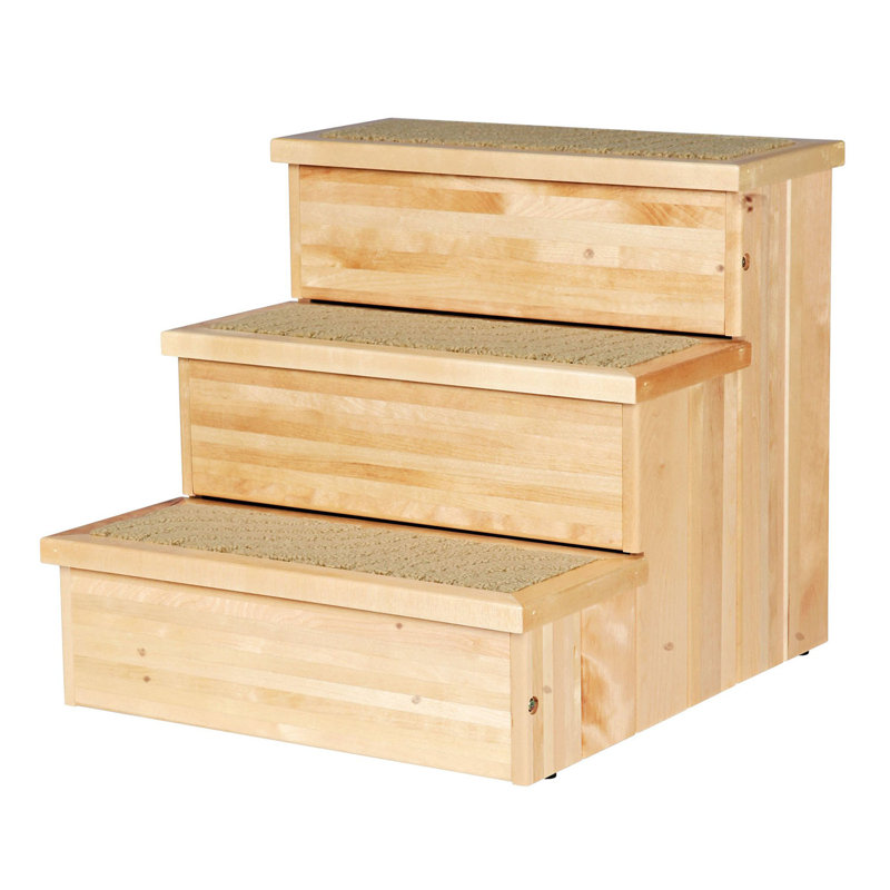 Natural Birch 3-Step Wooden Pet Stairs with Carpeted Steps