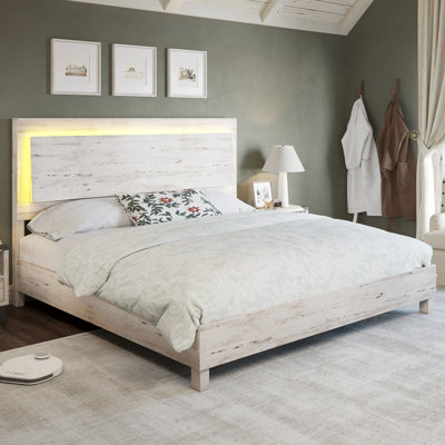 Tryston Wood King Bed Frame with LED Headboard, White