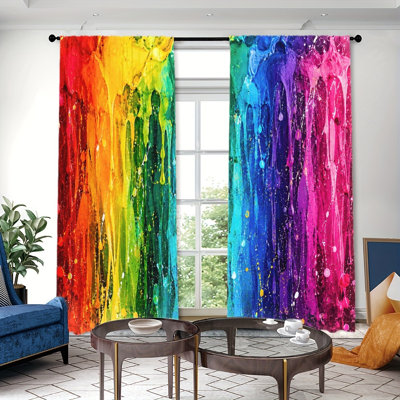 2PCS Vibrant Dripping Paint Style Thin Light Filtering Curtain with Rainbow Splatter Pattern, Artistic Home Decor, Easy Hang Rod Pocket, All-Season Curtains for Living Room Bedroom Dormitory Decoration