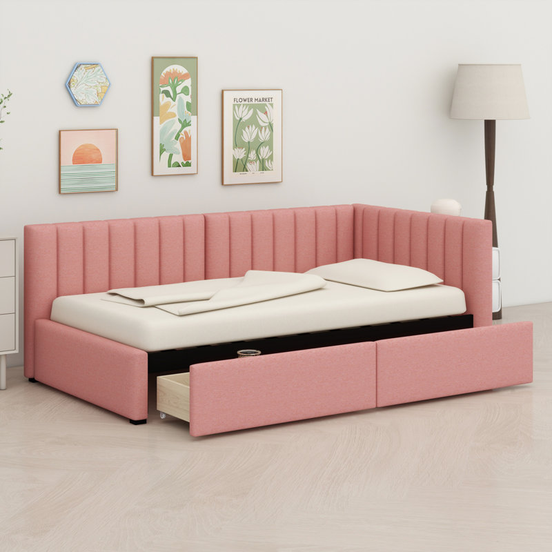 Upholstered Daybed With 2 Storage Drawers, Pink