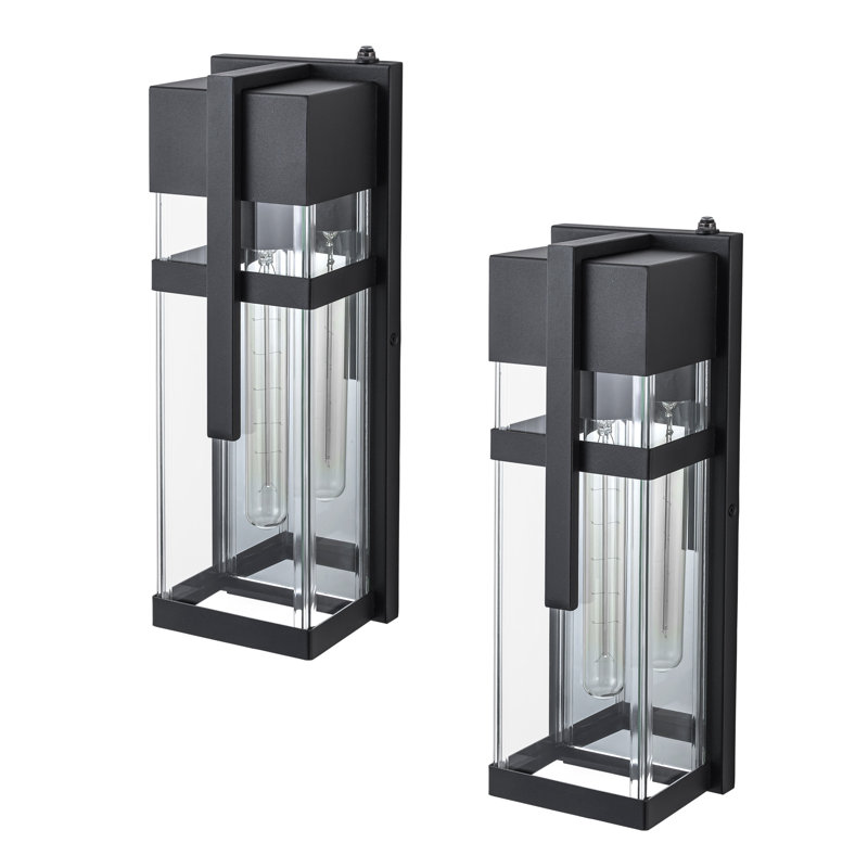 Black Dusk To Dawn Outdoor Wall Lantern With Mirror Reflector And Clear Tempered Glass(2-pack)