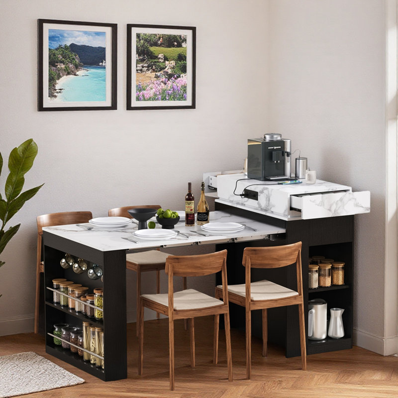 Kitchen Island With Extendable Dining Table, Drawers, Power Outlet, Wheels And Hooks, Black