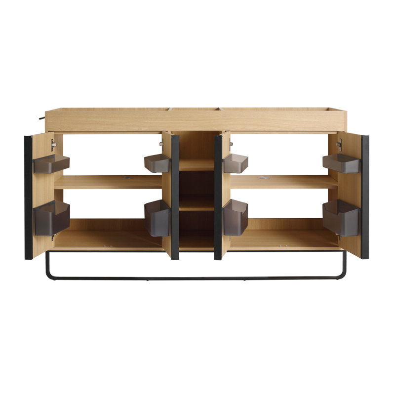 Armoire de salle de bain autoportante 60 po, 4 portes à fermeture douce et 3 tablettes de rangement ouvertes, emballage KD (meuble-lavabo seulement, sans lavabo)
