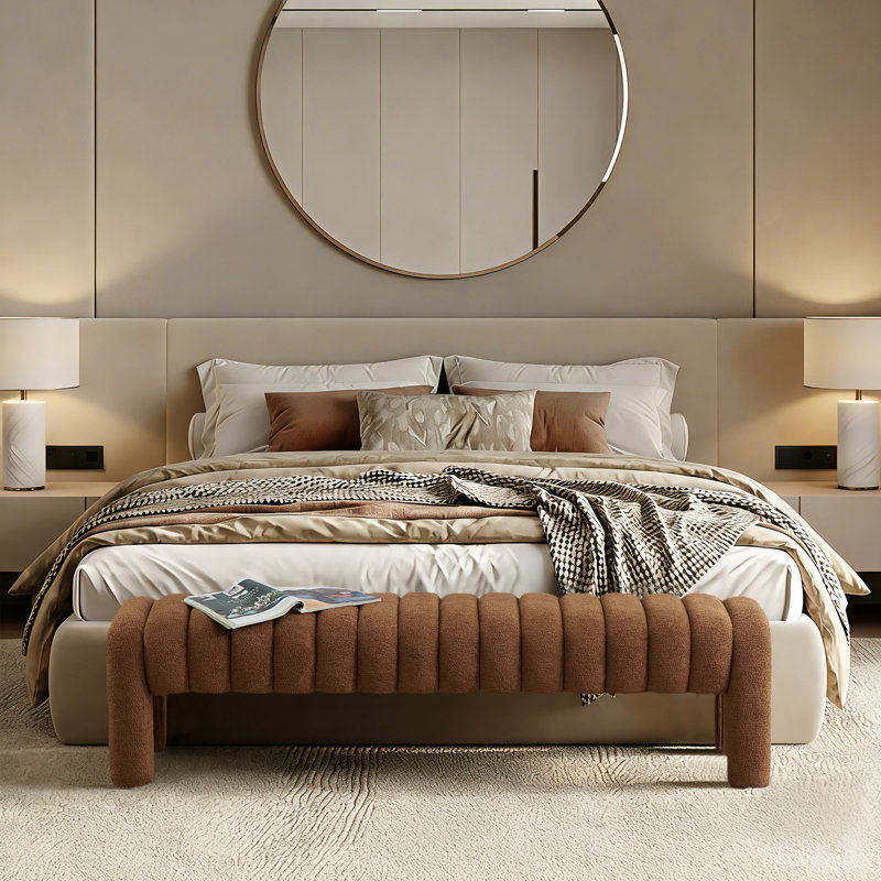 Banc rembourré sans dossier Oyan, Bouclette brune, H 17 po x l 63 po x P 17,3 po