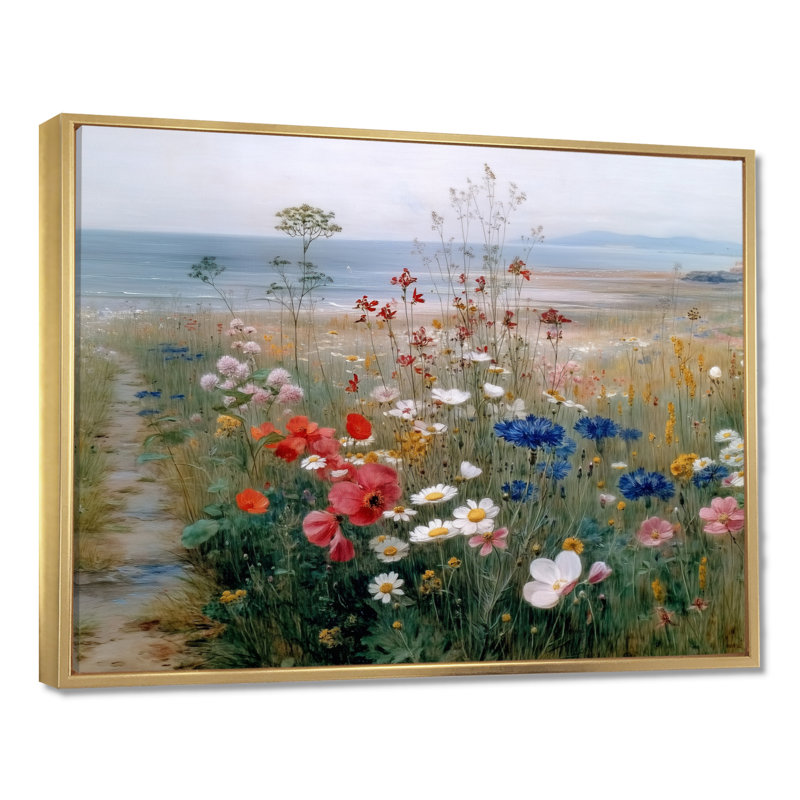 «Red Blue English Countryside Bloom of Wildflowers», reproduction d'art sur toile florale rouge, H 12 po x l 20 po, Doré